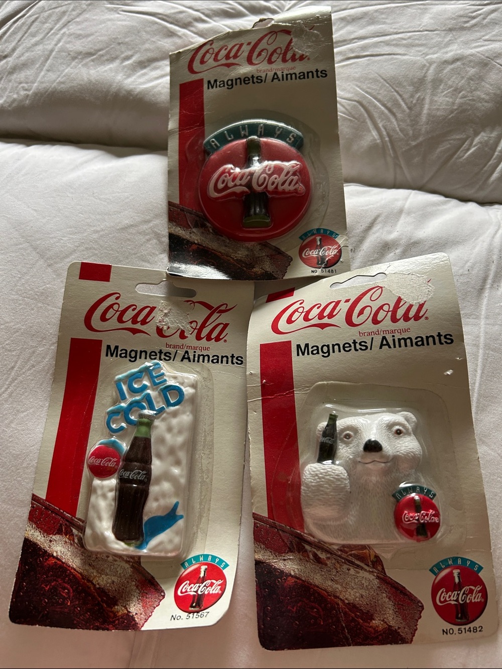 Coca Cola Red, White & Blue Bottle Magnetic Collectible Trio, vintage